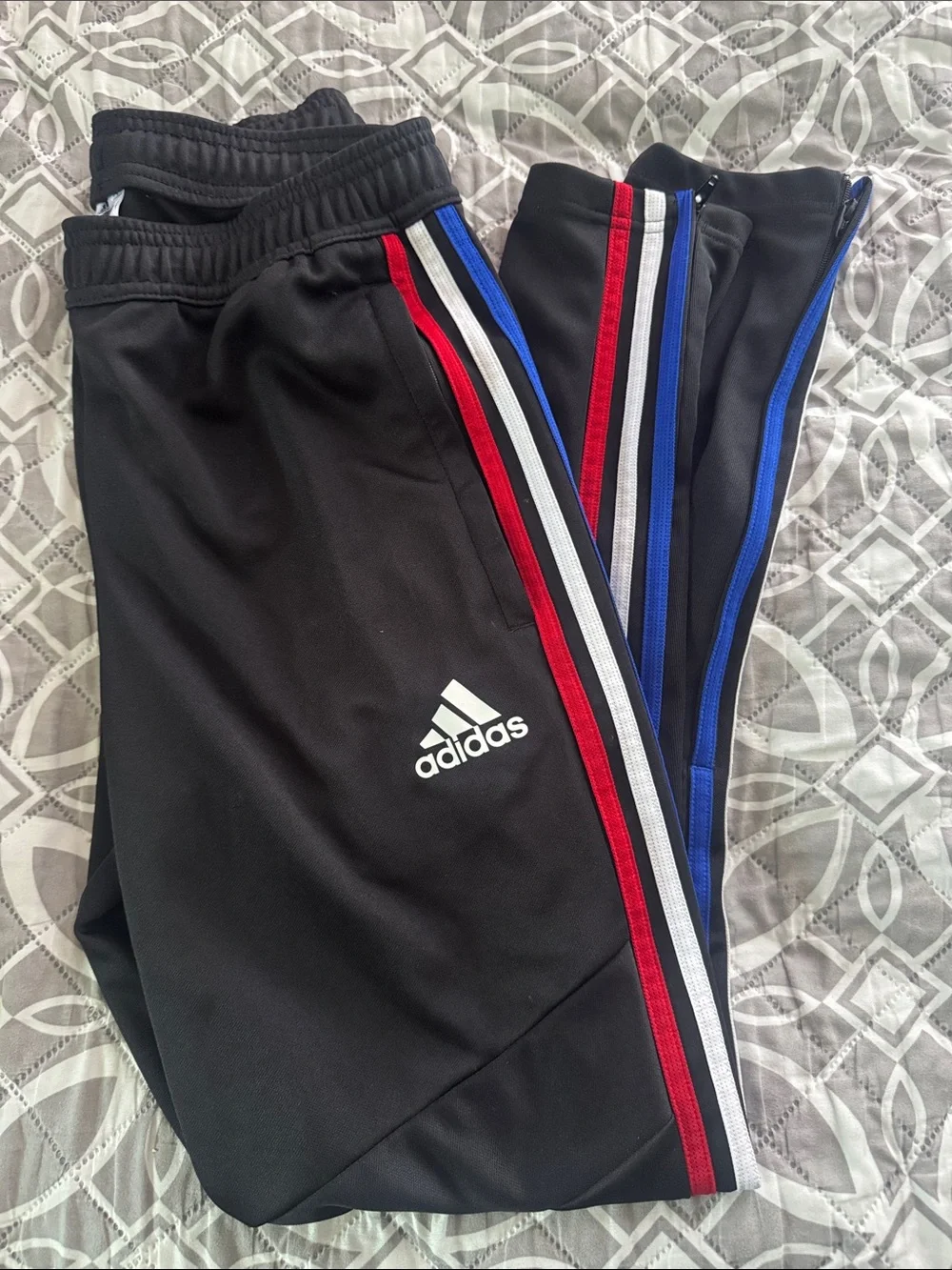 adidas Tiro Black Joggers with Red, White & Blue Side Stripes